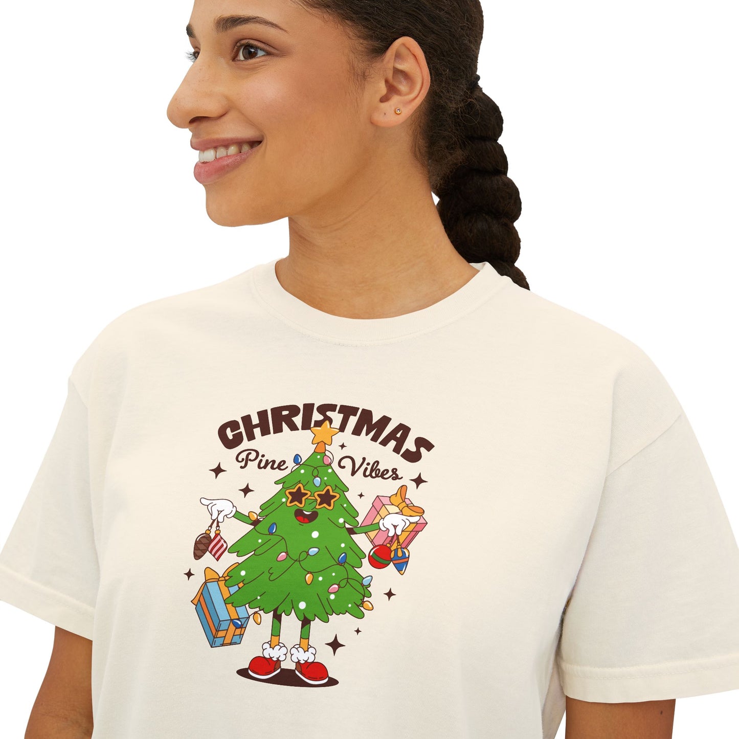 Christmas Vibes Women's Boxy Tee – Cute Dancing Tree Holiday Shirt