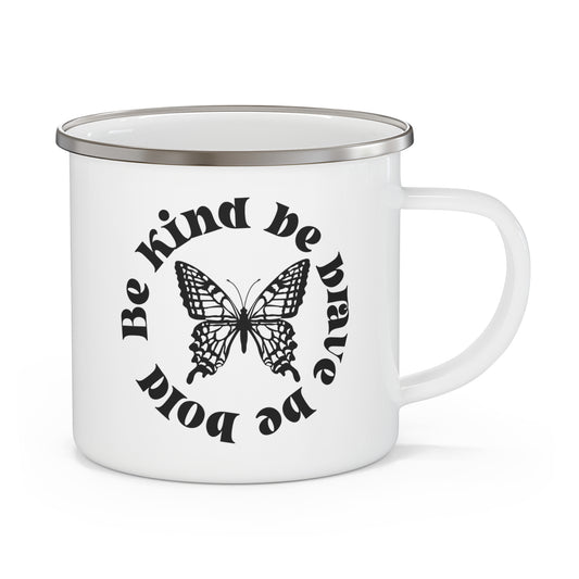 Taza de camping esmaltada con diseño de mariposa