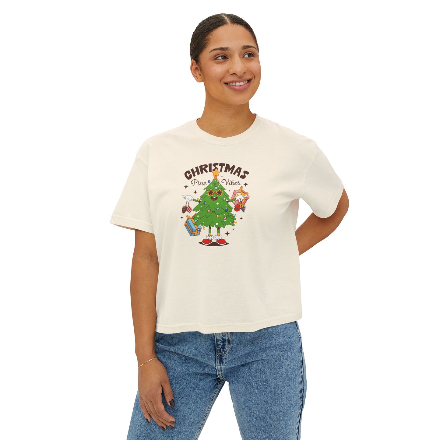Christmas Vibes Women's Boxy Tee – Cute Dancing Tree Holiday Shirt