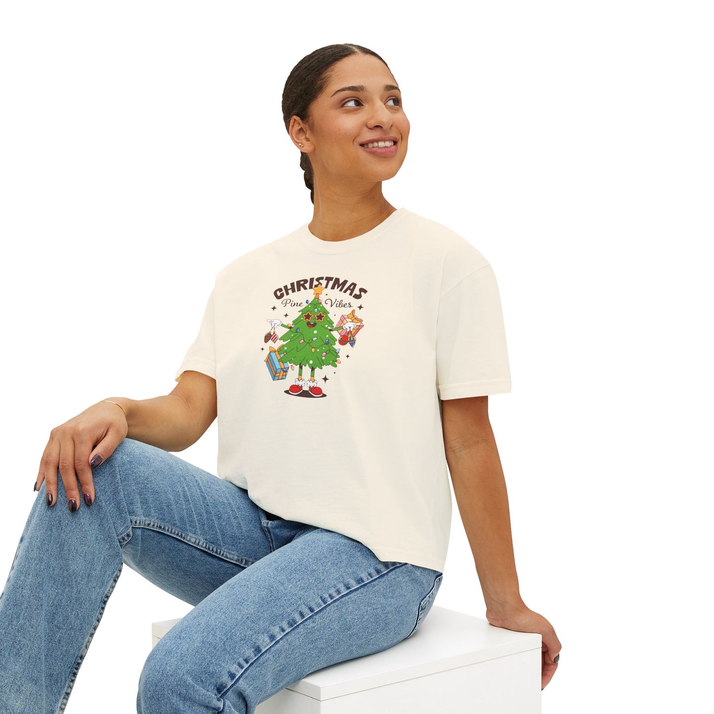 Christmas Vibes Women's Boxy Tee – Cute Dancing Tree Holiday Shirt