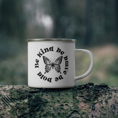 Taza de camping esmaltada con diseño de mariposa