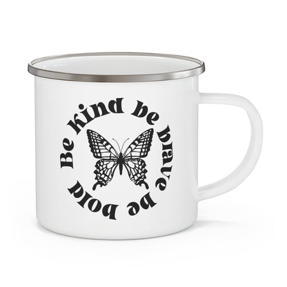 Taza de camping esmaltada con diseño de mariposa