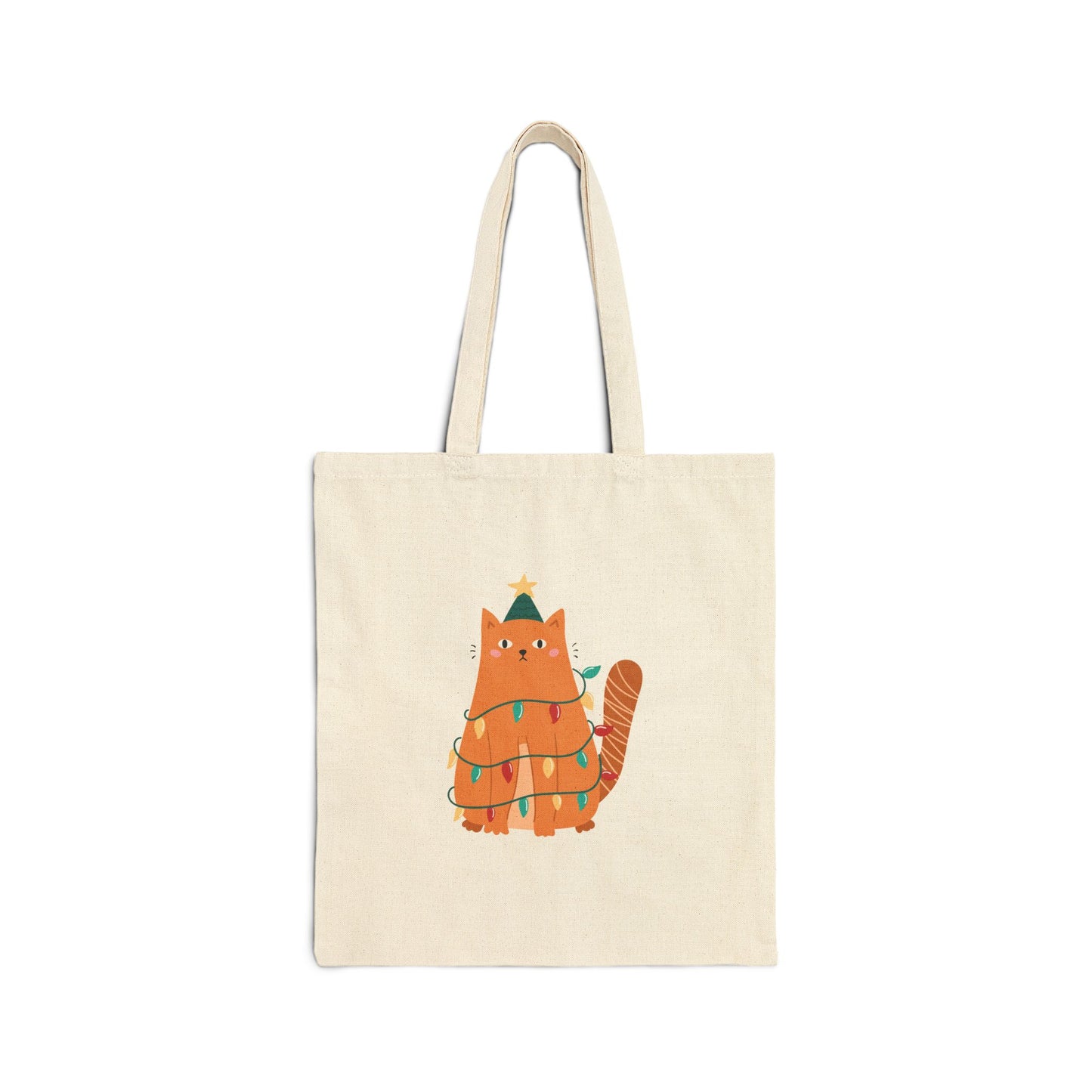 Canvas Tote Bag - Cute Ginger Cat Wrapped in Christmas Lights | Holiday Cat Gift