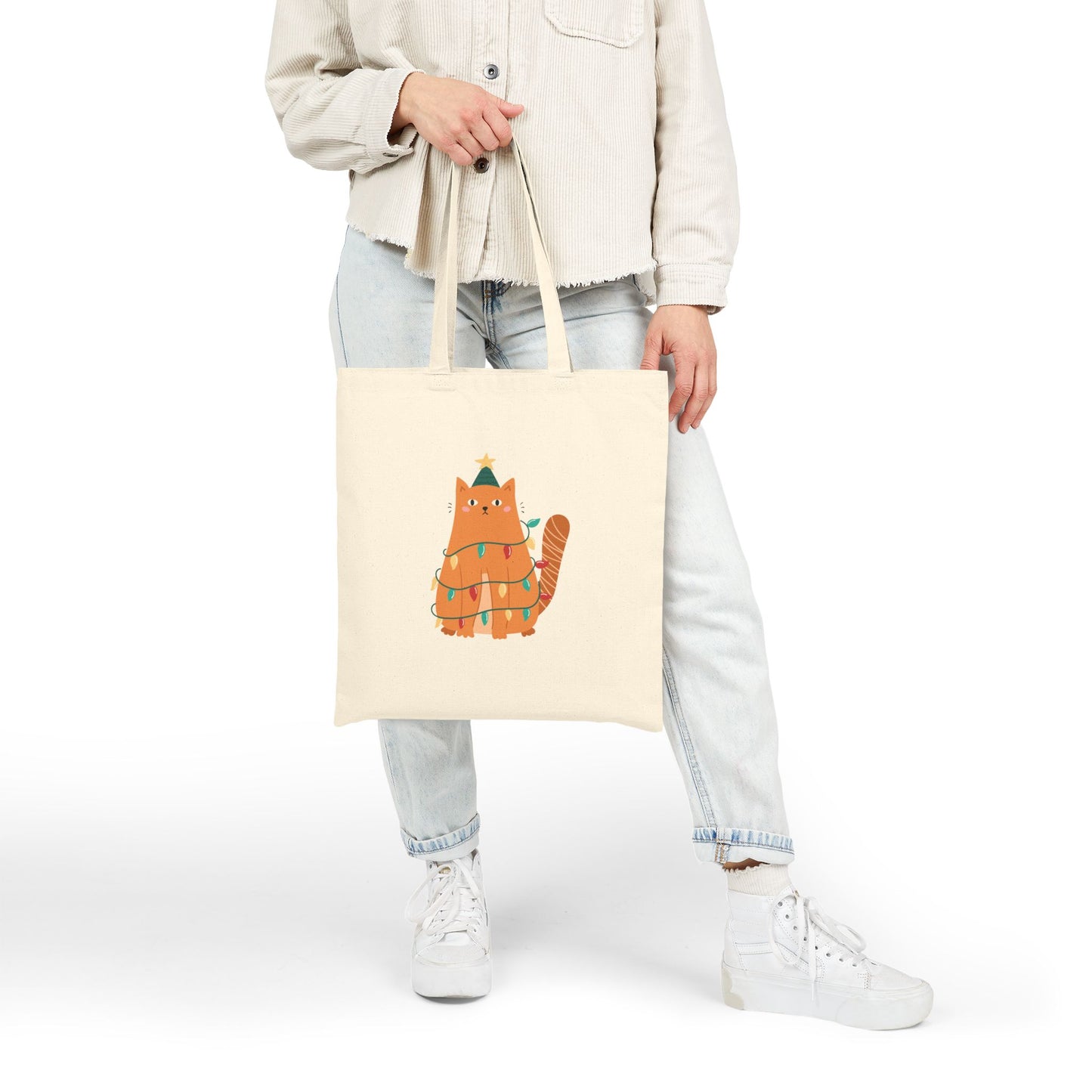 Canvas Tote Bag - Cute Ginger Cat Wrapped in Christmas Lights | Holiday Cat Gift