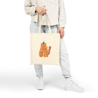 Canvas Tote Bag - Cute Ginger Cat Wrapped in Christmas Lights | Holiday Cat Gift