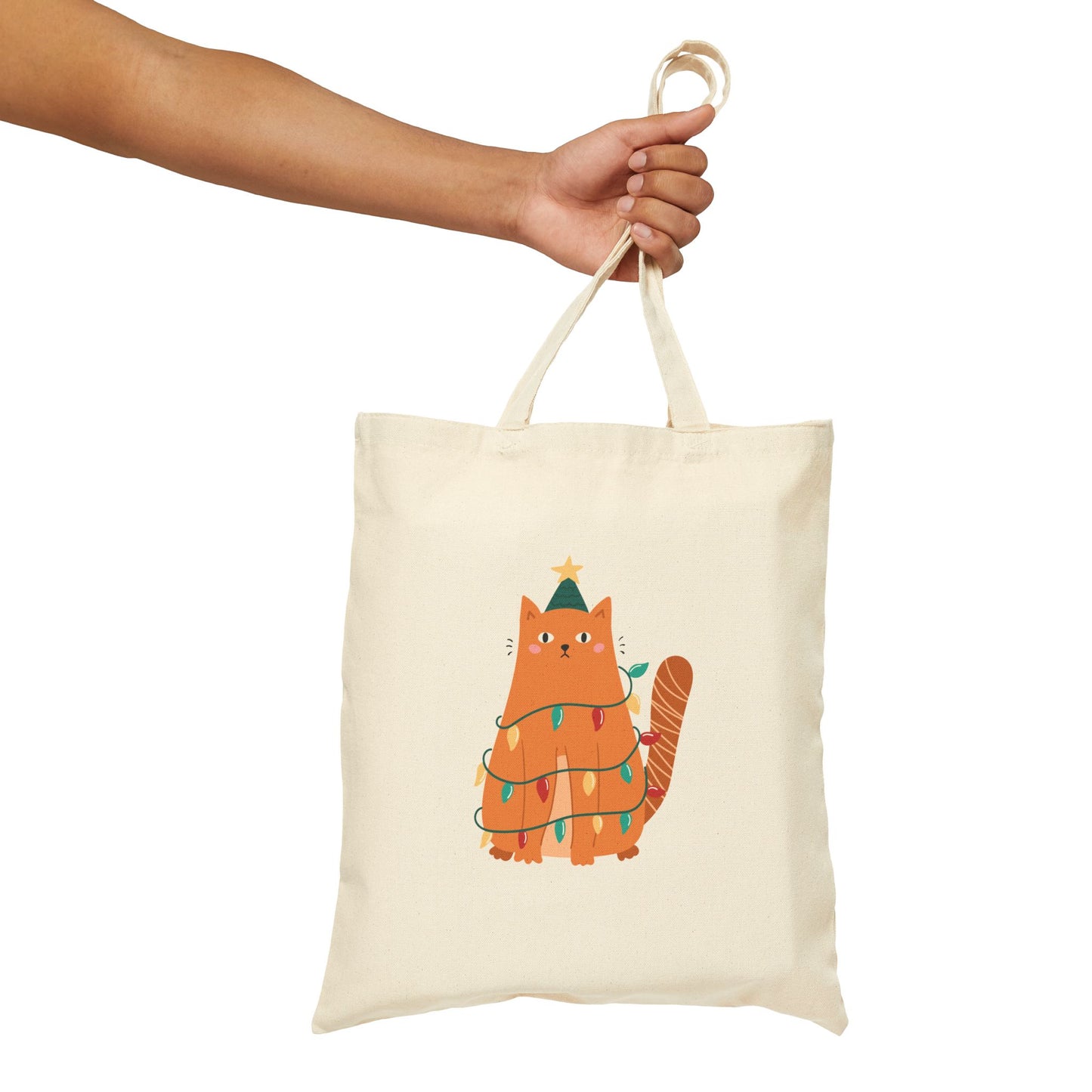 Canvas Tote Bag - Cute Ginger Cat Wrapped in Christmas Lights | Holiday Cat Gift